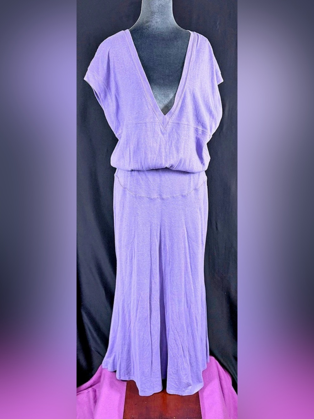 FP Beach xs Purple Deep V-Neck Maxi Dress Coastal Beach Vaca Hemp & Cotton Blend